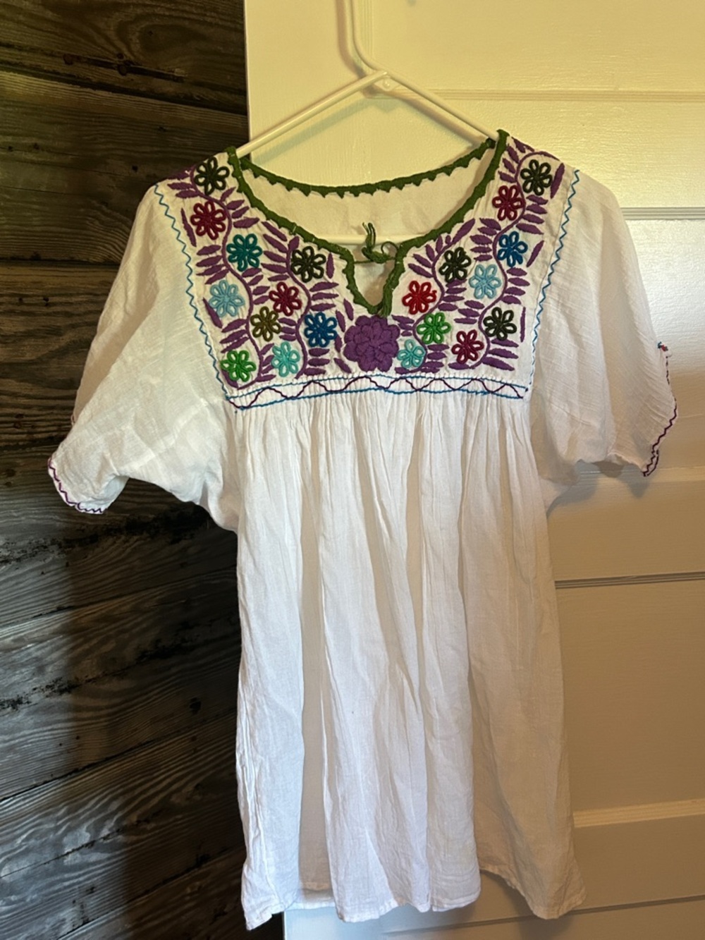 White Embroidered Peasant Top with Multicolor Floral Yoke